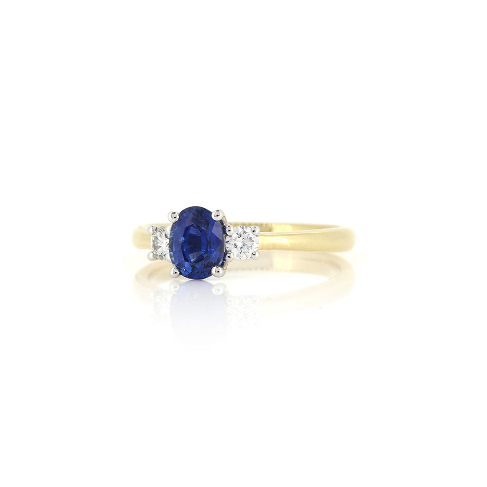 Grace Oval Sapphire and Diamond Trilogy Ring - 18ct Yellow Gold and Platinum Rings