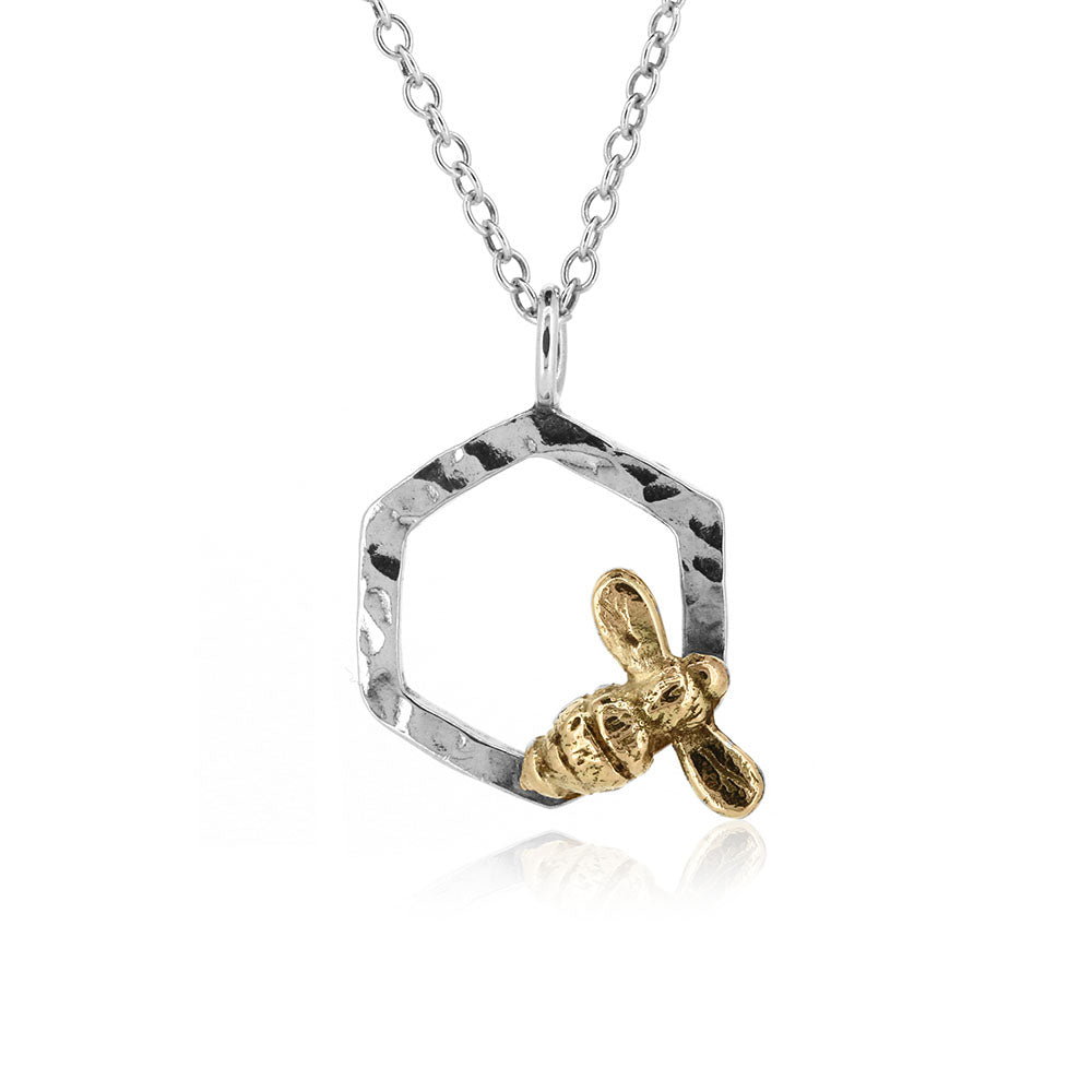 Honeycomb Bee Necklace - 9ct Yellow Gold and Sterling Silver Necklace