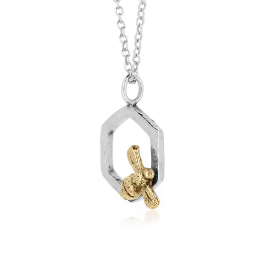 Honeycomb Bee Necklace - 9ct Yellow Gold and Sterling Silver Necklace