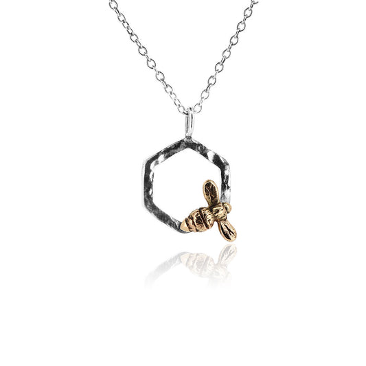 Honeycomb Bee Necklace - 9ct Yellow Gold and Sterling Silver Necklace