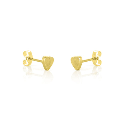 Yellow gold vermeil heart stud earrings showing hammered textured finish | Golden Snowdrop