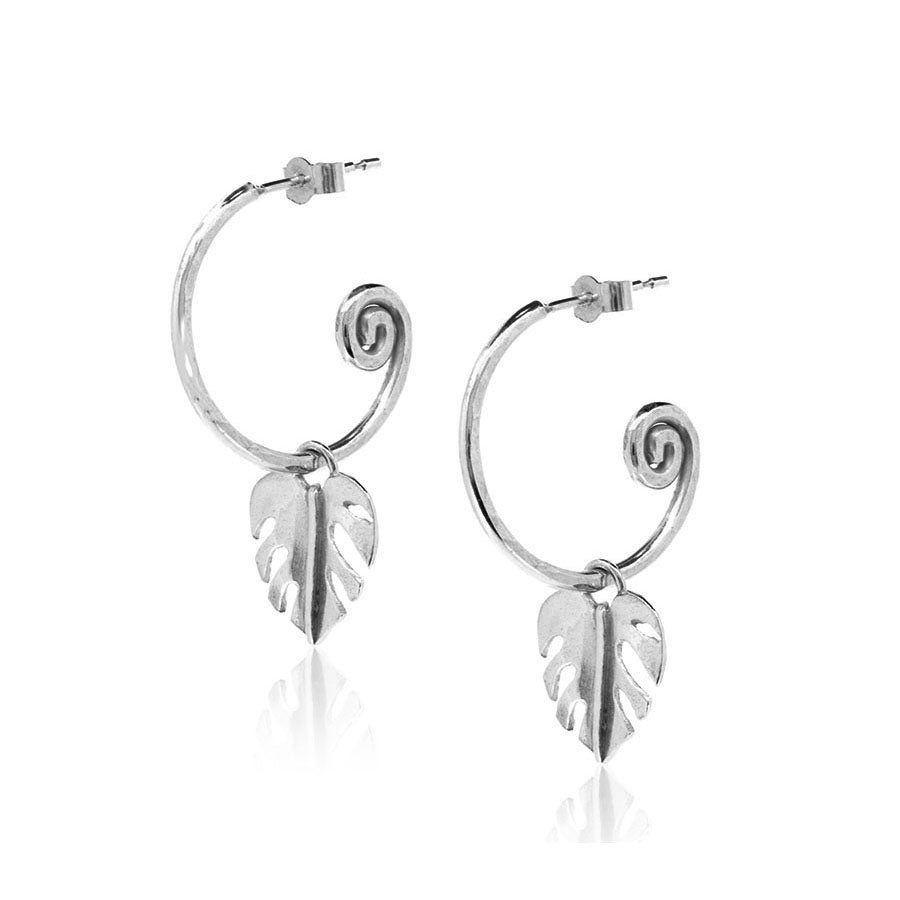 Monstera Leaf Hoop Earring Charm Drops - Sterling Silver Hoop Earrings