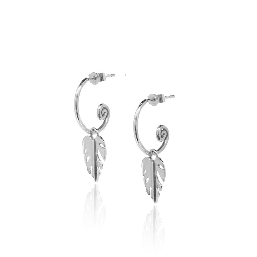 Monstera Leaf Hoop Earring Charm Drops - Sterling Silver Hoop Earrings