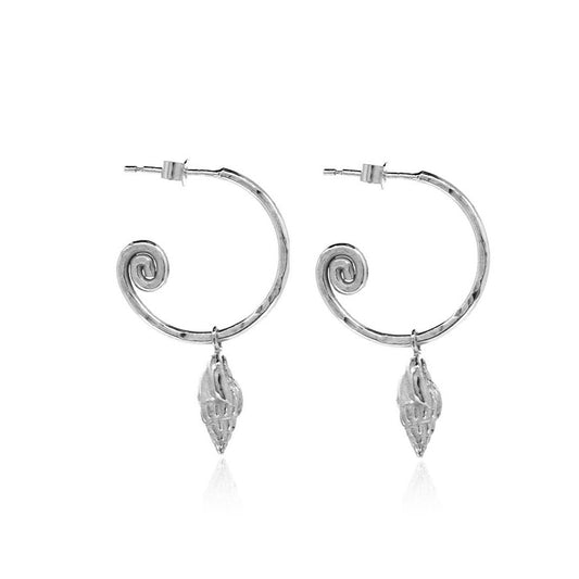 Whelk Shell Hoop Earring Charm Drops- Sterling Silver Hoop Earrings