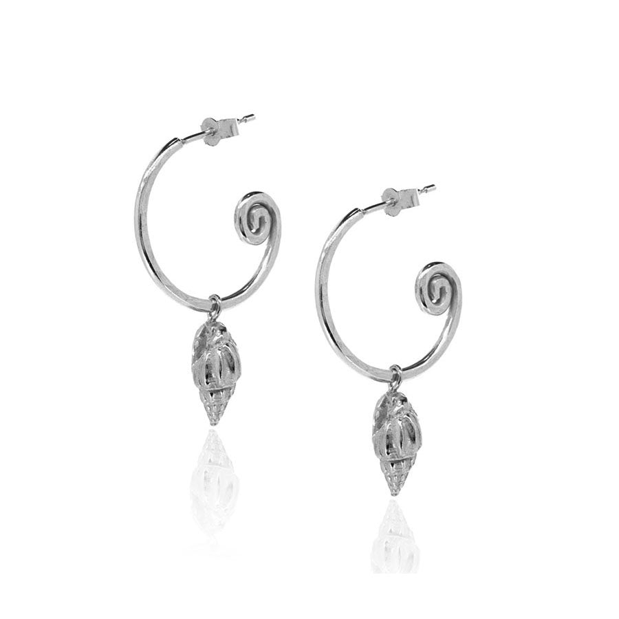 Whelk Shell Hoop Earring Charm Drops- Sterling Silver Hoop Earrings