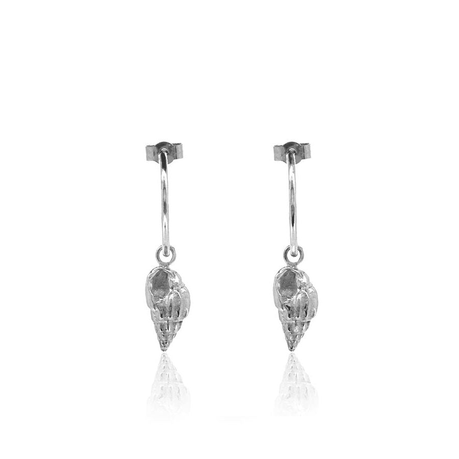 Whelk Shell Hoop Earring Charm Drops- Sterling Silver Hoop Earrings