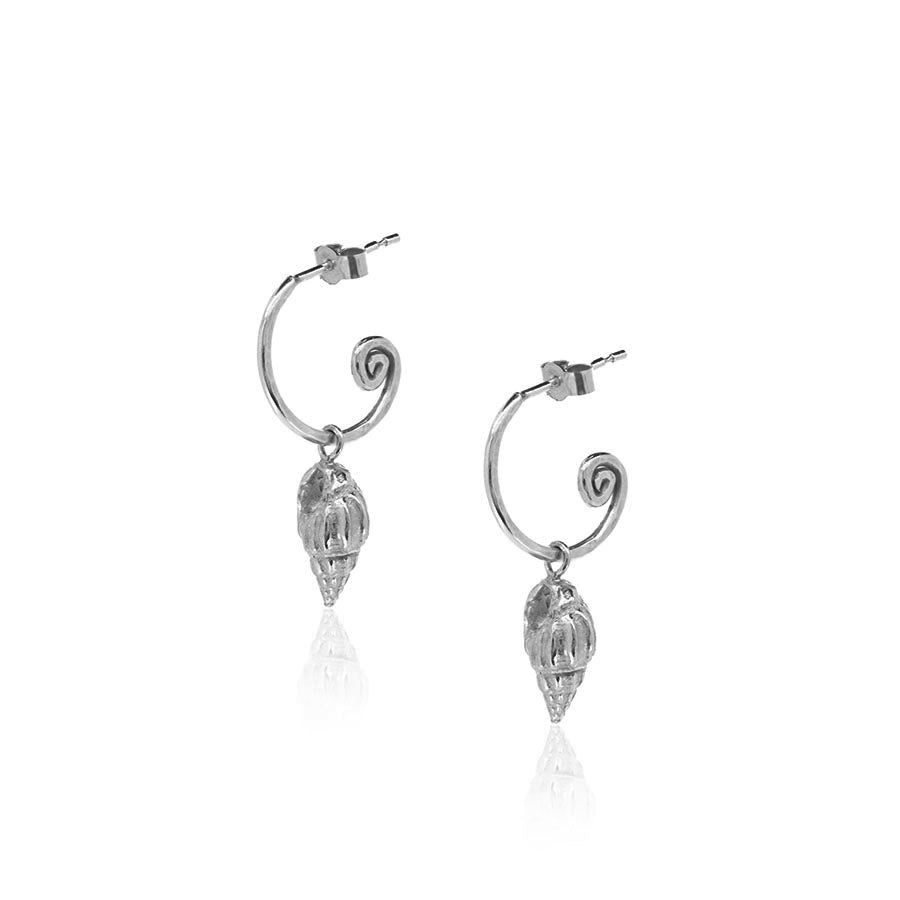Whelk Shell Hoop Earring Charm Drops- Sterling Silver Hoop Earrings
