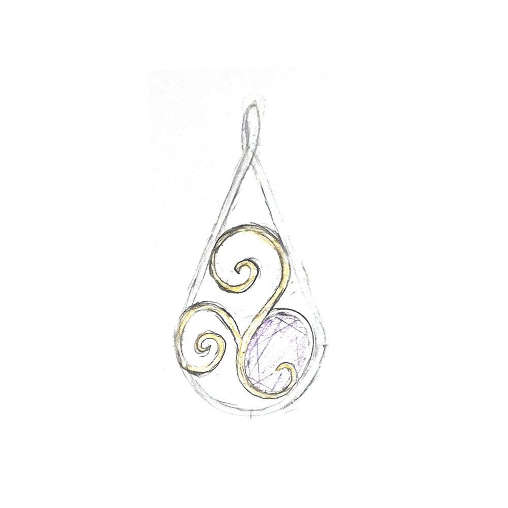 Bespoke Synthetic Alexandrite 9ct Yellow Gold and Silver Pendant. Hand drawn sketch during the design process. Handmade peice and remodelled from our Customers gold at Golden Snowdrop the jewellers in Shaftesbury, near Frome. 
