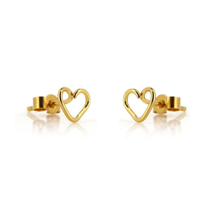 Close view of heart outline stud earrings in yellow gold vermeil | Golden Snowdrop
