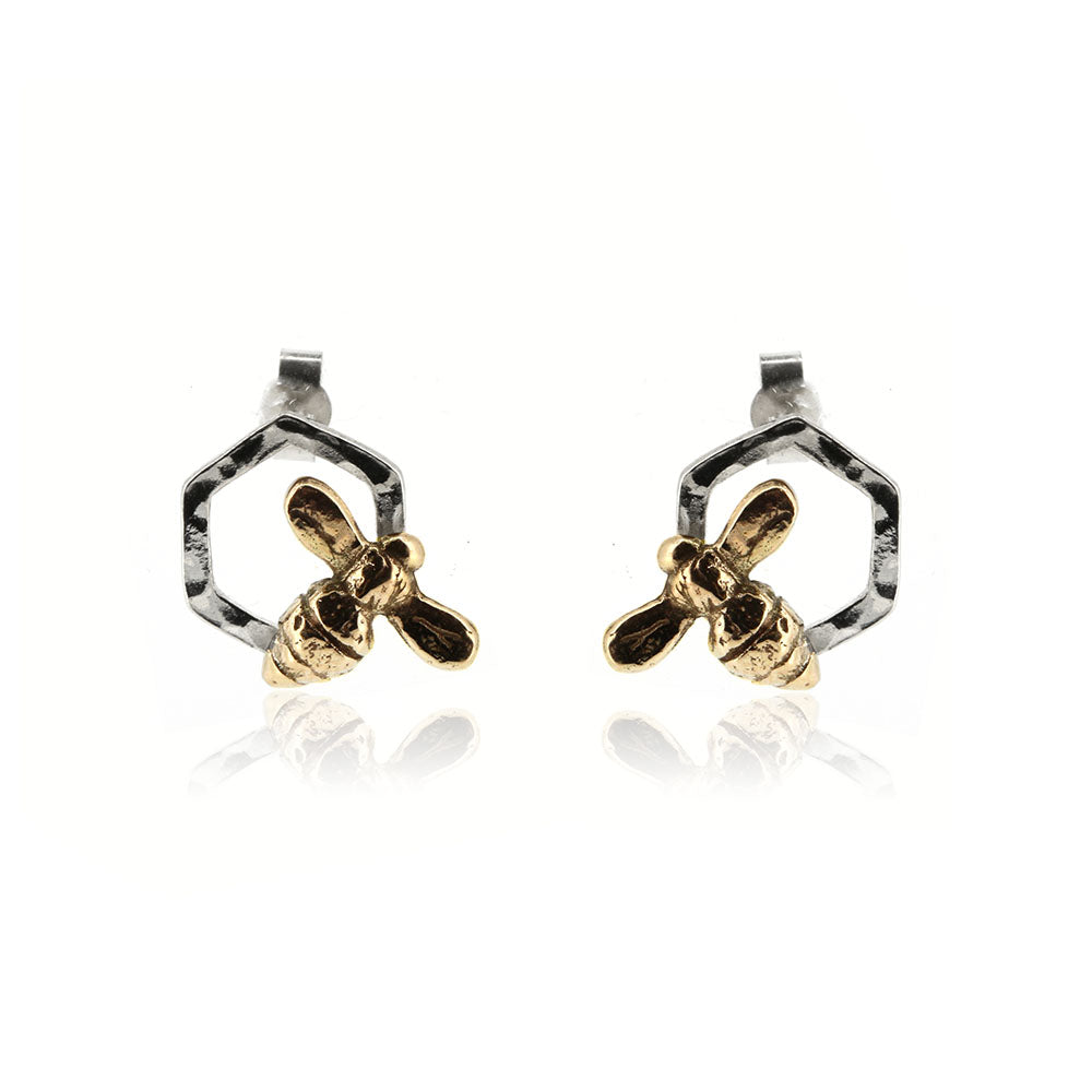 Honeycomb Bee Stud Earrings - 9ct Yellow Gold and Sterling Silver Stud Earrings