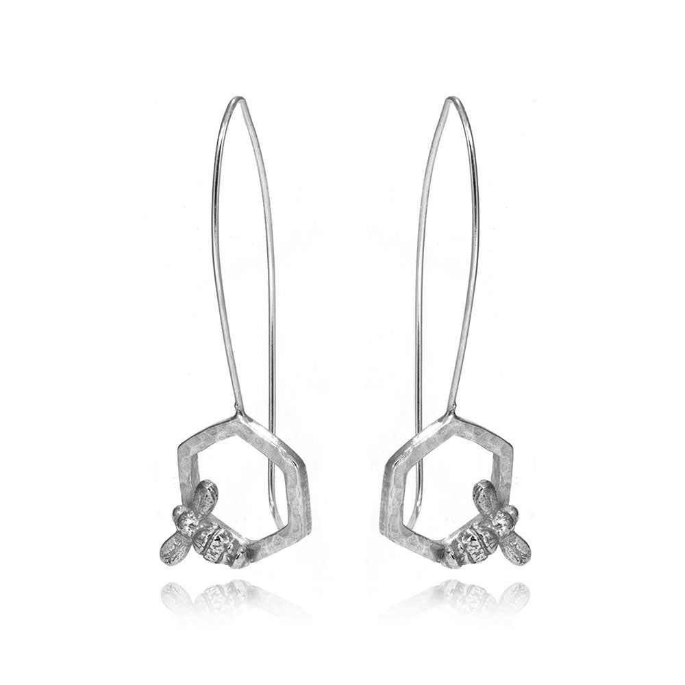 Honeycomb Bee Statement Drop Earrings - Sterling Silver Drop Earrings