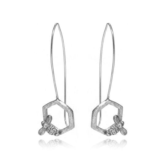 Honeycomb Bee Statement Drop Earrings - Sterling Silver Drop Earrings