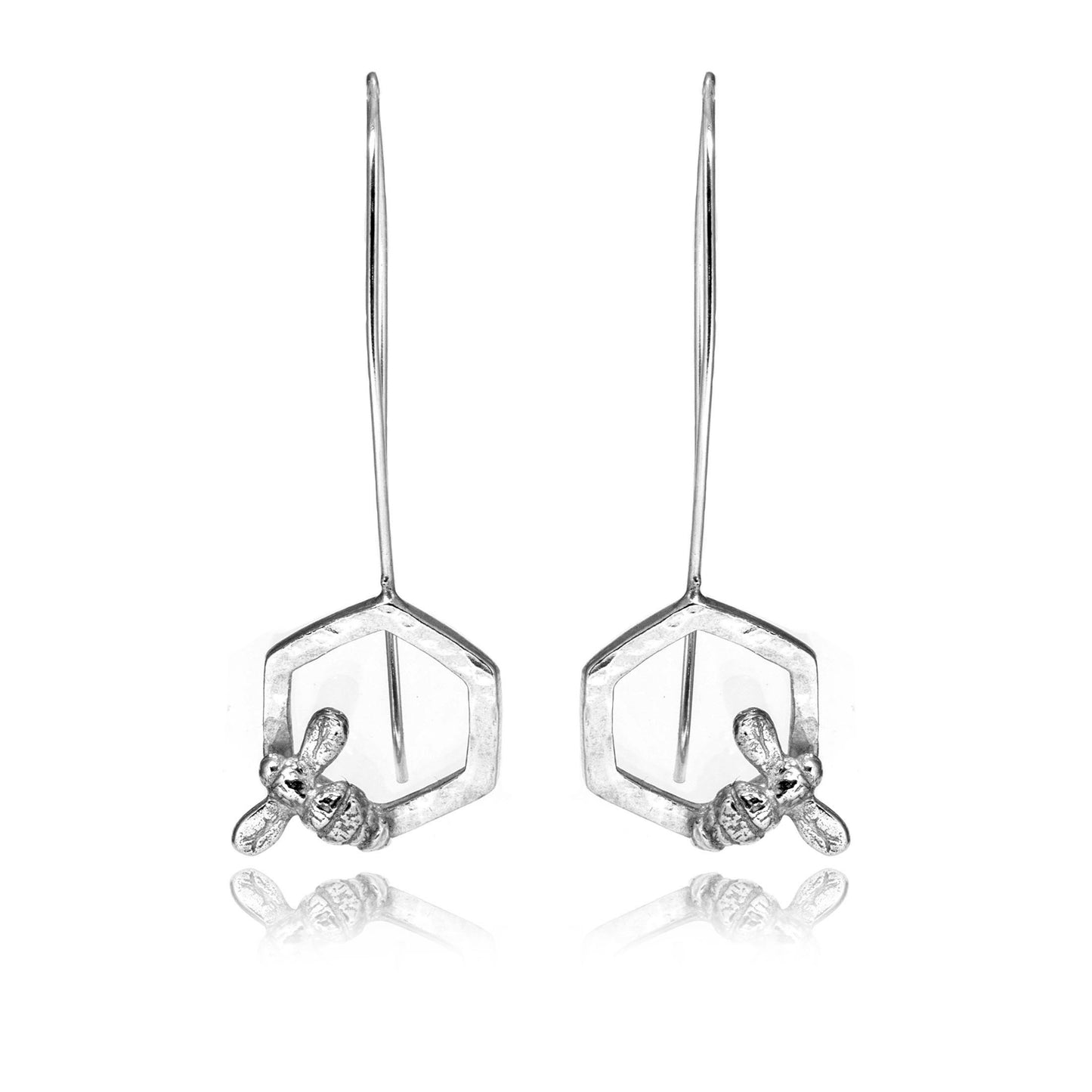 Honeycomb Bee Statement Drop Earrings - Sterling Silver Drop Earrings