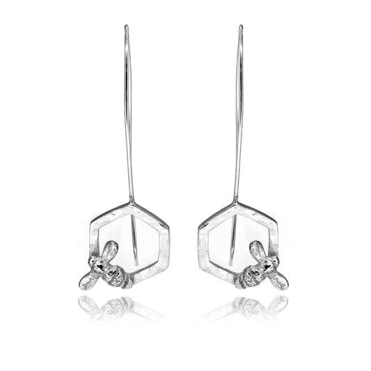 Honeycomb Bee Statement Drop Earrings - Sterling Silver Drop Earrings