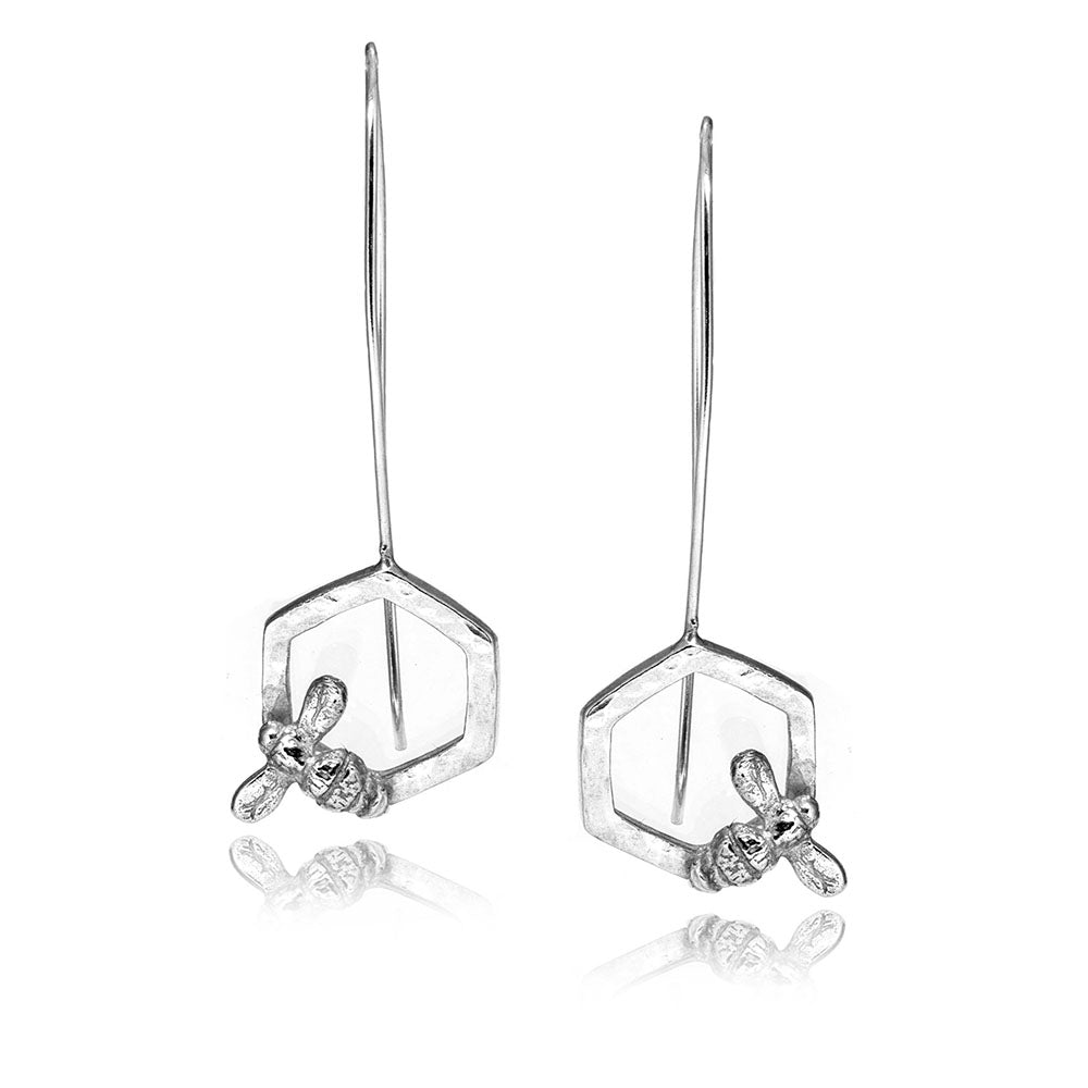Honeycomb Bee Statement Drop Earrings - Sterling Silver Drop Earrings