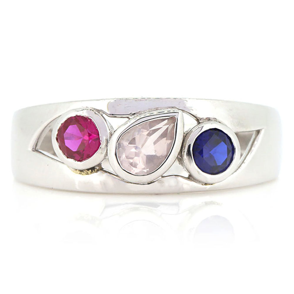 Bespoke Rose Quartz, Ruby & Sapphire 9ct White Gold Birthstone Ring.
Bespoke design made to our customer’s specifications at Golden Snowdrop Shaftesbury Dorset near Gillingham.
