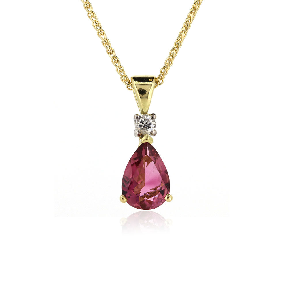Bespoke Pink Tourmaline and Diamond Pendant in 18ct Yellow Gold. Handmade using our stones at Golden Snowdrop, the jewellers in Shaftesbury, near Sherborne. 