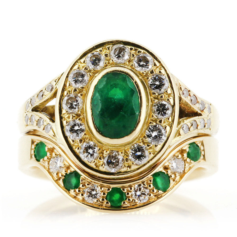 Bespoke Emerald & Diamond 18ct Yellow Gold Shaped Eternity Ring. 
Bespoke design to fit our customers engagement ring and Golden Snowdrop the jewellers in Shaftesbury, near Warminster.