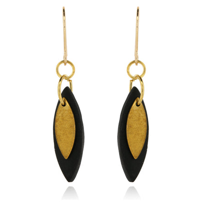 Leaf Shaped Black Polymer Clay Drop Earrings - Brass and Surgical Steel
