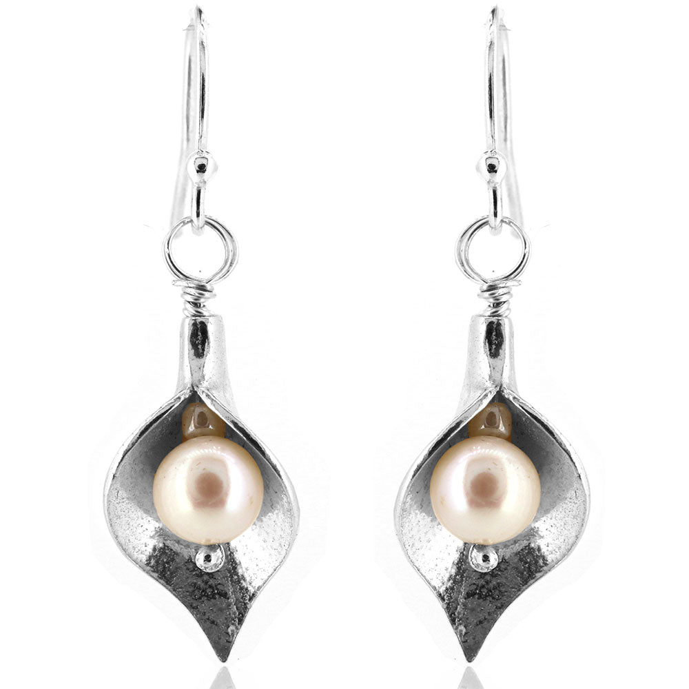 Arum Lily Large Freshwater Pearl Drop Earrings - Sterling Silver Drop Earrings