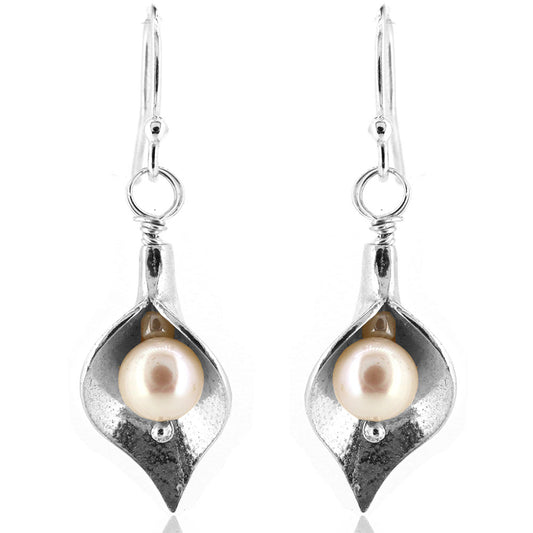 Arum Lily Large Freshwater Pearl Drop Earrings - Sterling Silver Drop Earrings