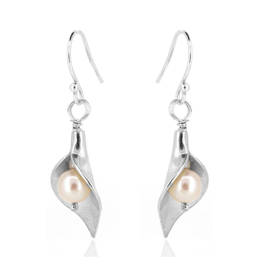Arum Lily Large Freshwater Pearl Drop Earrings - Sterling Silver Drop Earrings