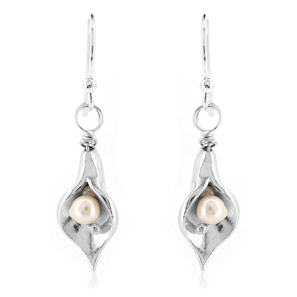 Arum Lily Small Freshwater Pearls Drop Earrings - Sterling Silver Drop Earrings