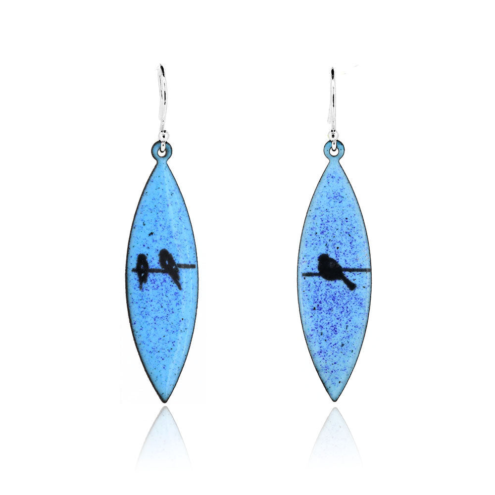 Birds on a Wire Blue Marquise Enamel Drop Earrings - Sterling Silver and Copper Drop Earrings