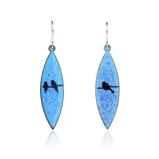 Birds on a Wire Blue Marquise Enamel Drop Earrings - Sterling Silver and Copper Drop Earrings