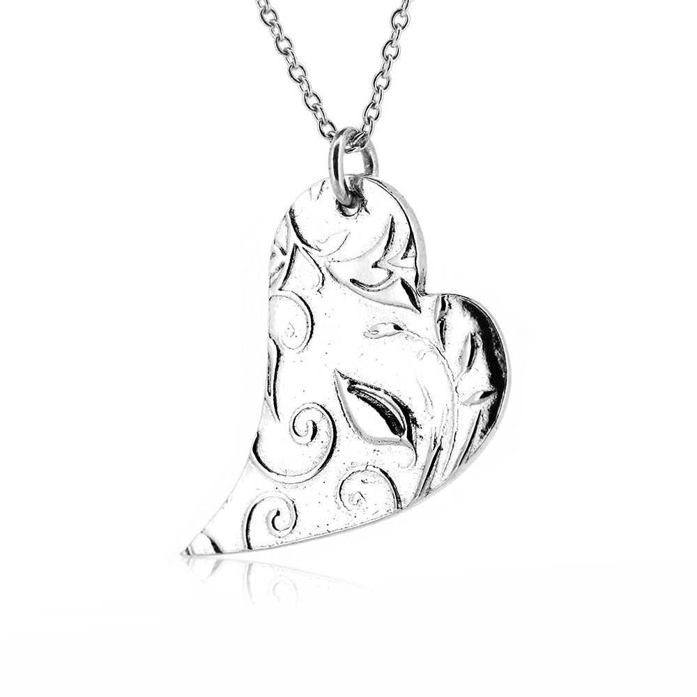 Floral Heart Large Necklace - Sterling Silver Necklace