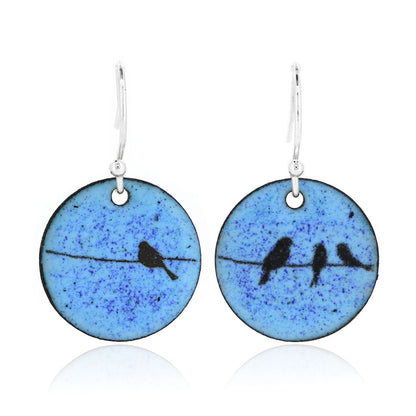 Birds on a Wire Round Enamel Drop Earrings - Sterling Silver and Copper Drop Earrings