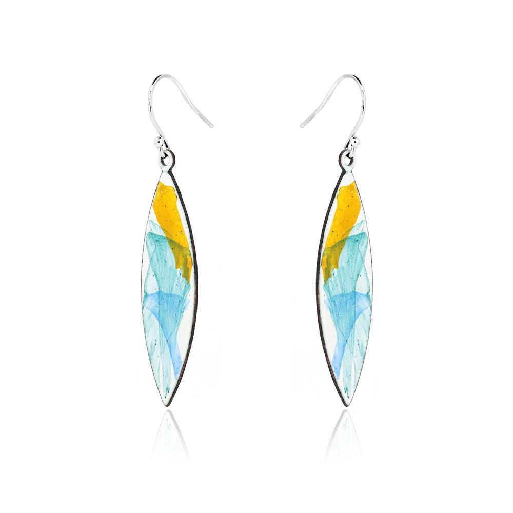 Abstract Yellow, Green and Blue Marquise Enamel Drop Earrings - Sterling Silver and Copper Drop Earrings