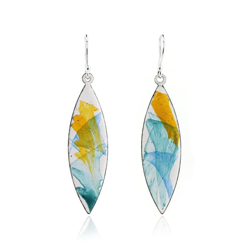 Abstract Yellow, Green and Blue Marquise Enamel Drop Earrings - Sterling Silver and Copper Drop Earrings