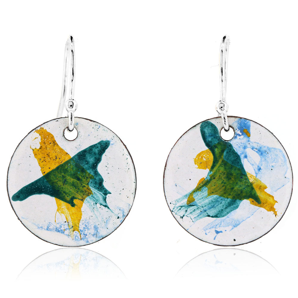 Abstract Yellow, Green and Blue Round Enamel Drop Earrings - Sterling Silver and Copper Drop Earrings