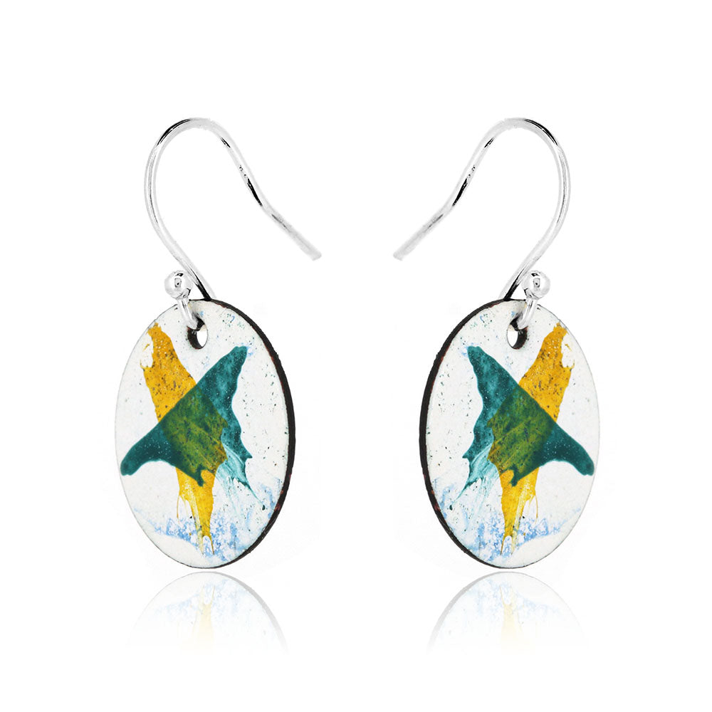 Abstract Yellow, Green and Blue Round Enamel Drop Earrings - Sterling Silver and Copper Drop Earrings