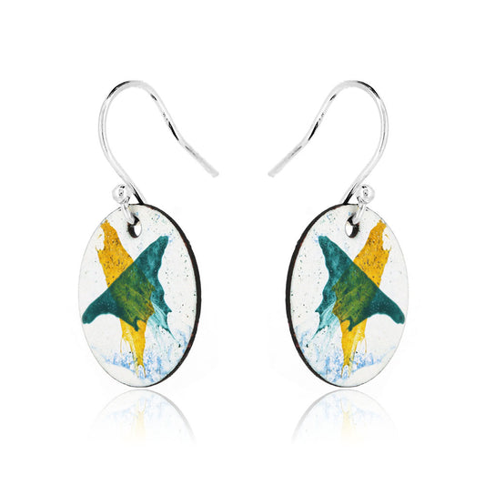 Abstract Yellow, Green and Blue Round Enamel Drop Earrings - Sterling Silver and Copper Drop Earrings