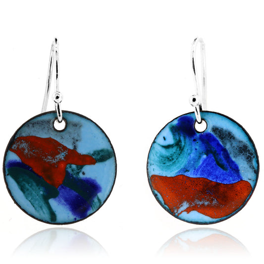Abstract Blue Round Enamel Drop Earrings - Sterling Silver and Copper Drop Earrings