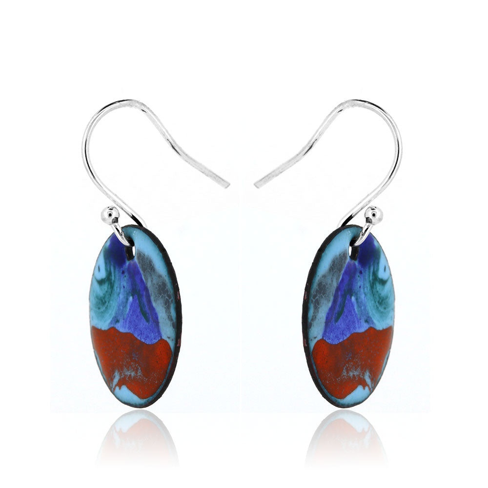 Abstract Blue Round Enamel Drop Earrings - Sterling Silver and Copper Drop Earrings