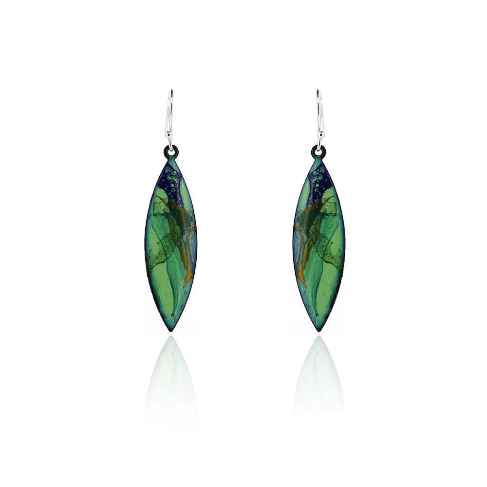Abstract Green Marquise Enamel Drop Earrings - Sterling Silver and Copper Drop Earrings