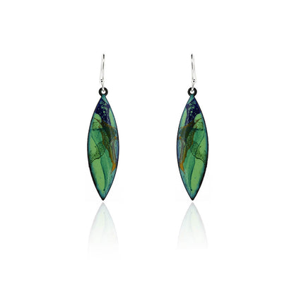 Abstract Green Marquise Enamel Drop Earrings - Sterling Silver and Copper Drop Earrings