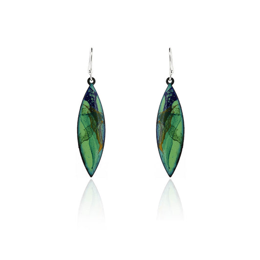 Abstract Green Marquise Enamel Drop Earrings - Sterling Silver and Copper Drop Earrings