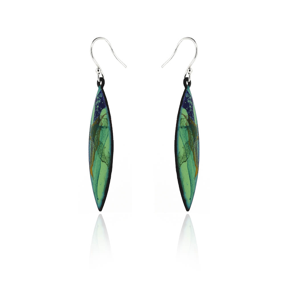 Abstract Green Marquise Enamel Drop Earrings - Sterling Silver and Copper Drop Earrings