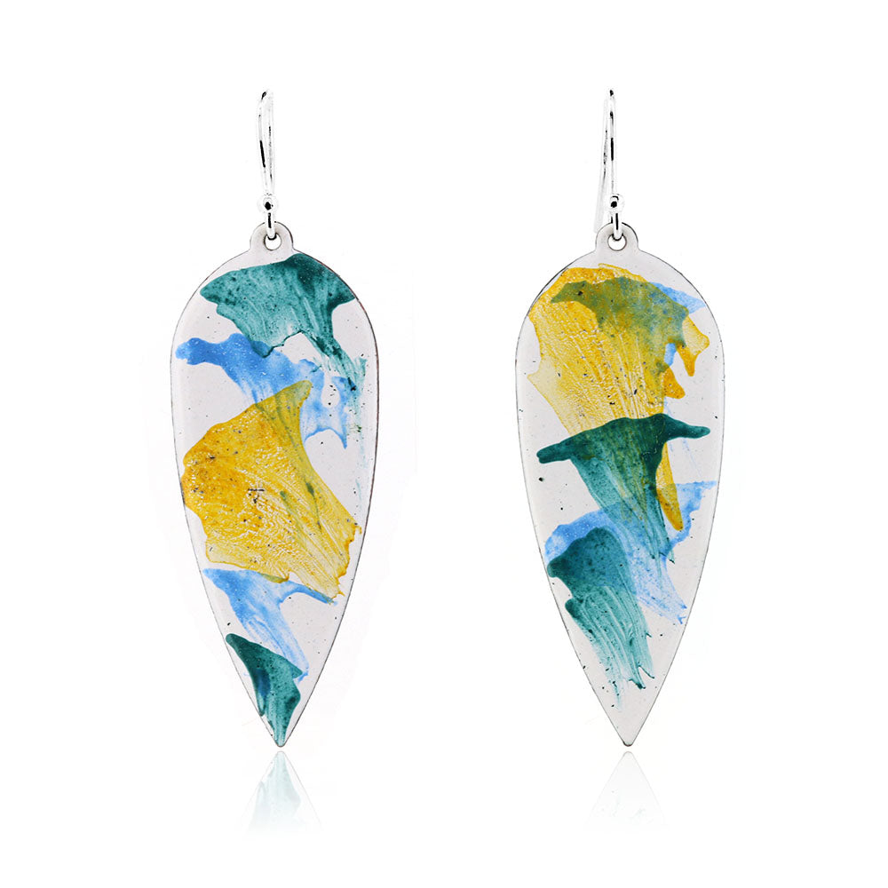Abstract Yellow, Green and Blue Statement Enamel Drop Earrings - Sterling Silver and Copper Drop Earrings