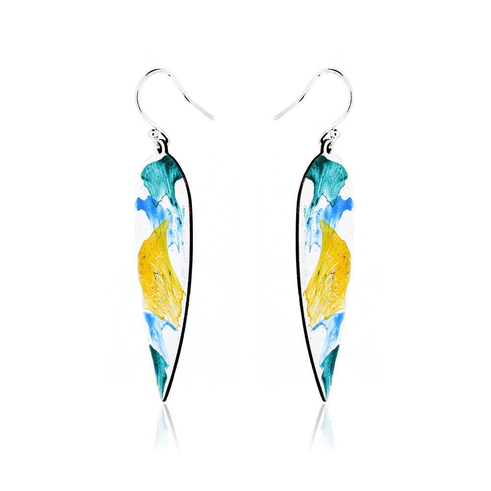 Abstract Yellow, Green and Blue Statement Enamel Drop Earrings - Sterling Silver and Copper Drop Earrings