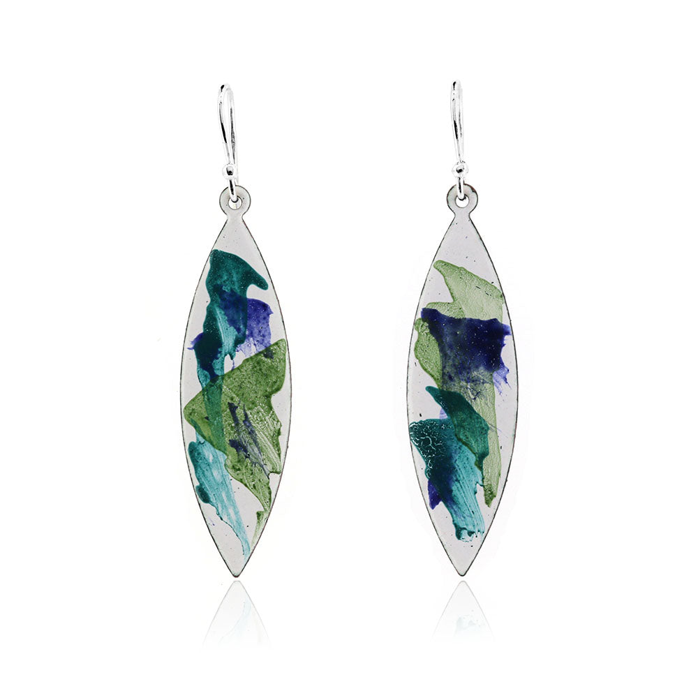 Abstract Dark Marquise Enamel Drop Earrings - Sterling Silver and Copper Drop Earrings