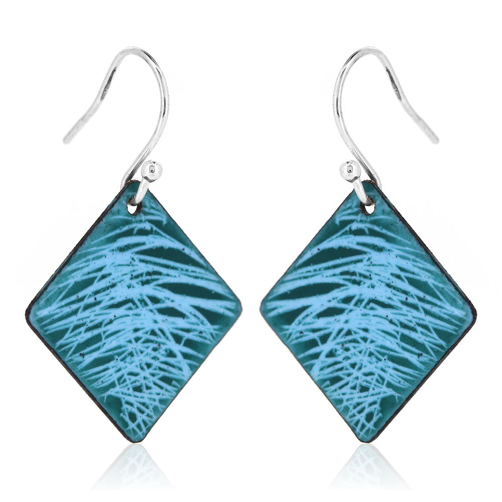 Fireworks Light Blue and Teal Square Enamel Drop Earrings - Sterling Silver and Copper Drop Earrings