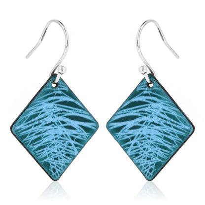 Fireworks Light Blue and Teal Square Enamel Drop Earrings - Sterling Silver and Copper Drop Earrings