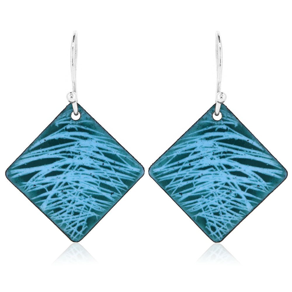 Fireworks Light Blue and Teal Square Enamel Drop Earrings - Sterling Silver and Copper Drop Earrings