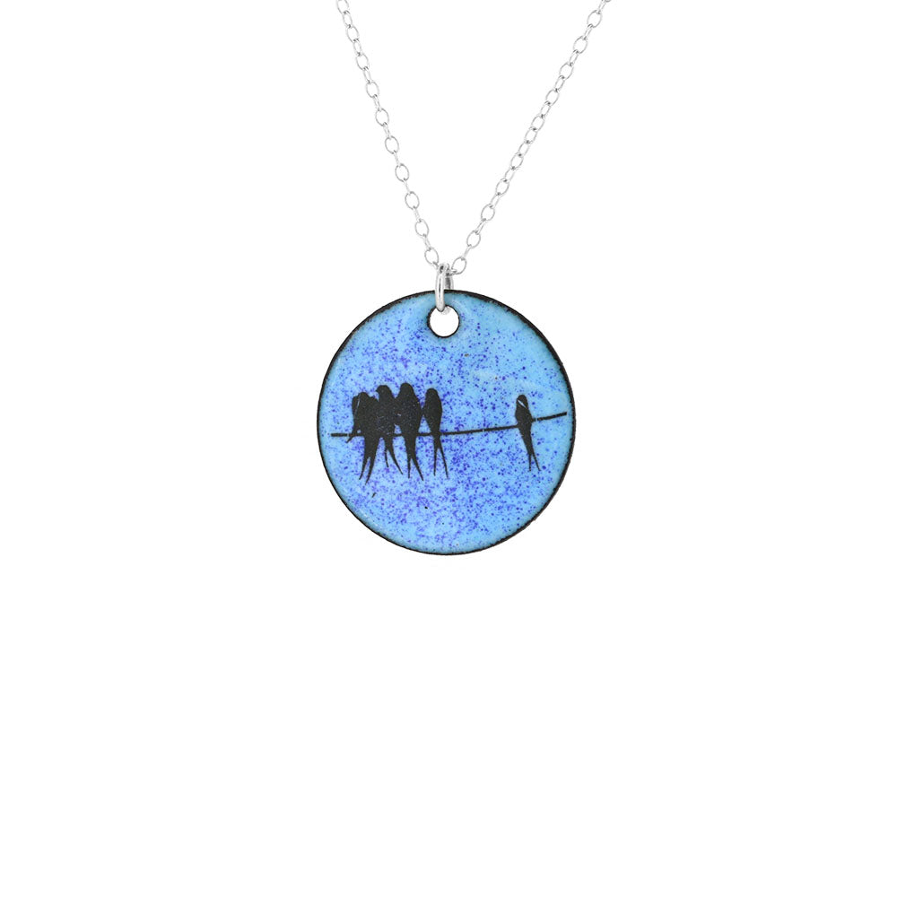 Birds on a Wire Round Enamel Necklace - Sterling Silver and Copper Necklace