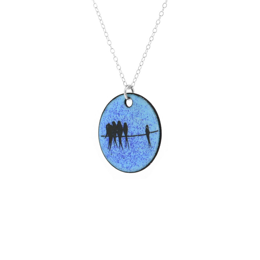 Birds on a Wire Round Enamel Necklace - Sterling Silver and Copper Necklace
